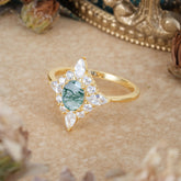 Vintage 1 Carat Oval Cut Cluster Moss Agate Engagement Ring